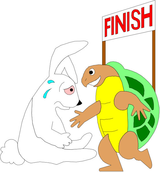 The cartoon depicts a turtle standing next to an anthropomorphic rabbit with humanoid features like arms and legs; both characters appear surprised as if reacting to something off-frame.