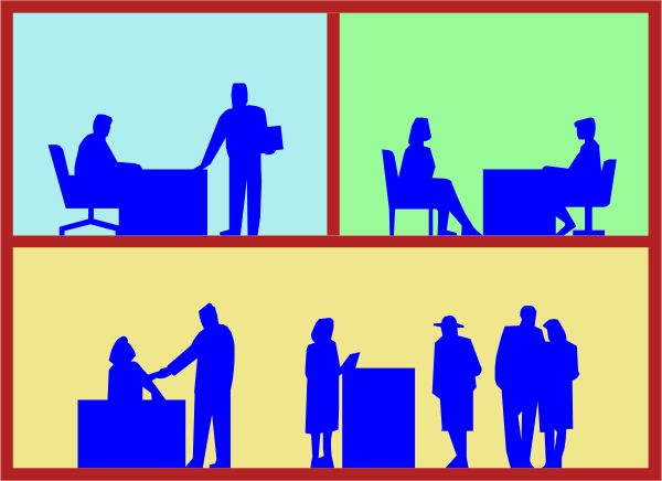 The image shows a colorful cartoon of an office environment with various characters engaged in different activities such as sitting at desks, standing around tables, shaking hands over coffee cups, walking through doorways, and interacting near cubicles; it's divided into four panels depicting the same scene from multiple angles.