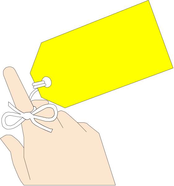 The image shows a hand holding an unattached yellow price tag with white string tied around it near its top corner; there is no text on the sign itself.