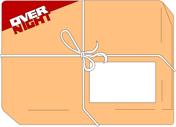 The image shows a cartoon depiction of an open gift box with two wrapped gifts inside it; there is text on top that reads "OVERNIGHT" in bold red letters against a white background, suggesting delivery service branding.