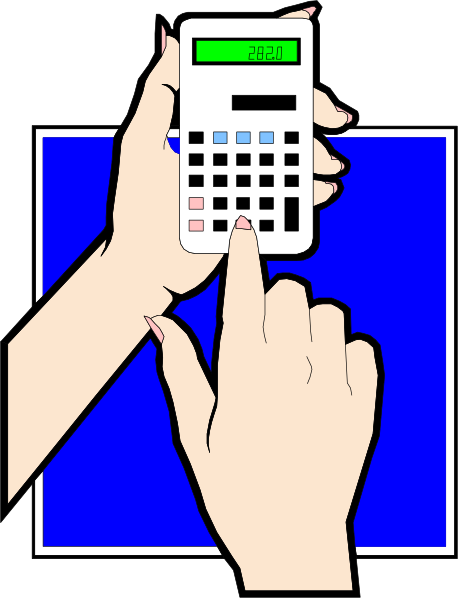 The illustration shows a hand holding an electronic calculator with buttons labeled 1 through to 9 on its screen; it is set against a blue background that has white text at bottom right corner reading "204". There's also pink nail polish visible in this image, suggesting the presence of nails painted red. The style appears cartoon-like and simplistic with flat colors and minimal shading or detailing beyond basic shapes for objects like calculator buttons and fingers holding it.