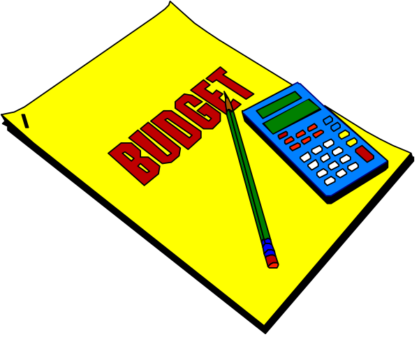 The image shows a desk with various items on it: papers that say "budget," pencils, calculator, ruler, scissors, eraser, pen, booklet titled "Budget."