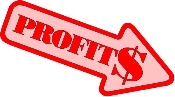 The image shows a red stamp with white text that reads "PROFITS + $" on it next to an arrow pointing upwards towards profits in parentheses above another word "SALES".