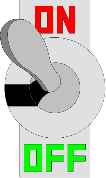The image shows a light switch with an arrow pointing to it that says "ON OFF" on top of two buttons labeled 'OFF' in red text above one button and 'ON' below another button.