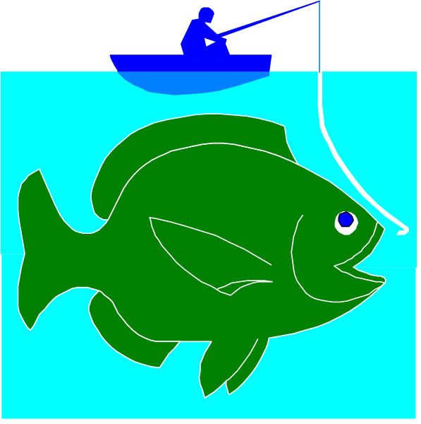The illustration depicts a green fish with an open mouth holding onto fishing line that has attached to it a small boat on water's surface; above this scene is another smaller image of two people in boats, one casting and one retrieving their lines from below where the large fish resides underwater.