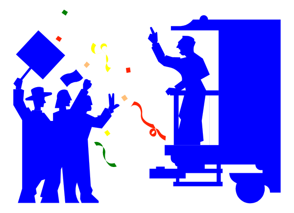 The image shows a blue silhouette of an animated scene with various characters celebrating; there is confetti falling from above, indicating some sort of celebration or party atmosphere.