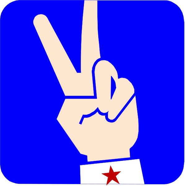 The image shows a blue square with two smaller squares inside it on either side of an iconic peace sign gesture made by fingers against a white background.
