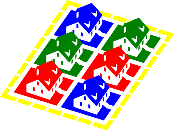 The image shows a pixelated representation of four houses with different colored roofs arranged around an empty space that could be interpreted as grass in shades of green, blue, red, yellow, and purple on top of each other against a dark background.