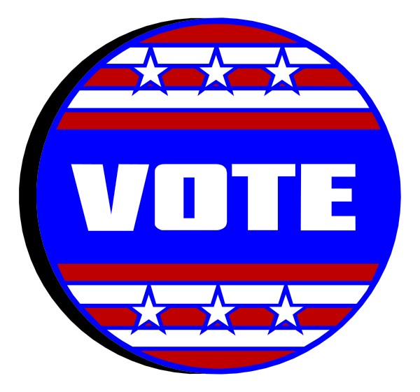 The image shows a round sticker with an American flag design on it featuring stars and stripes around its perimeter. In the center of this circular background is the word "VOTE" in large white letters, which stands out against both red and blue areas that represent different sections of the flag's pattern.