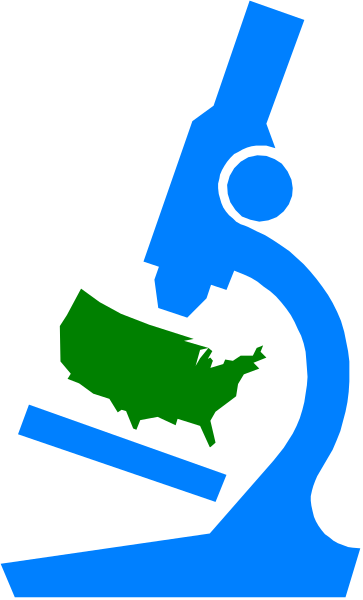 The image shows a stylized graphic of an American flag with blue stars on top right corner; below it is a microscope in front of which there's a magnifying glass overlaying two images: one depicts a telescope and another represents Earth, both set against the backdrop of a gray gradient.