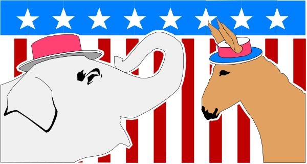 The image shows two cartoon elephants standing next to each other with a banner featuring an American flag design behind them; one of the elephants is wearing a red top hat while holding up its trunk in what appears to be a waving gesture, and it has stars on either side.