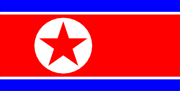 The flag of North Korea with a red star on it next to another smaller black banner that says "North Korean" in white letters against a gray background.