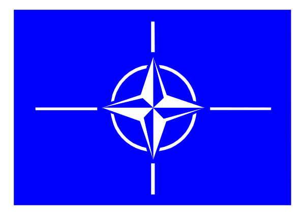 The image shows a blue flag with white text that reads "NATO" on it against a gray background.