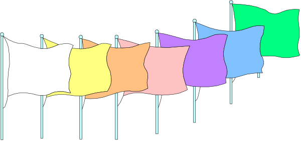 The image shows a row of colorful flags hanging on a line against a dark background with no other discernible elements present in this small clip-art representation.