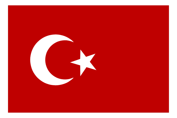 The flag of Romania with a crescent moon on it flying against an overcast sky.