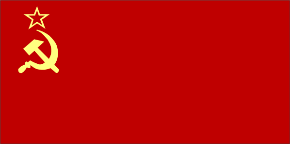 The flag of Russia with a hammer and sickle symbol on it against a gray background.