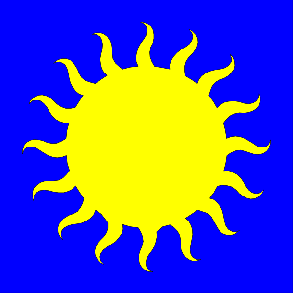 The image shows a blue flag with an emblem of a yellow sun on it against a white background.