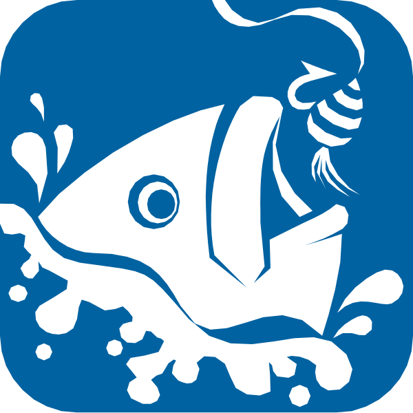 The image shows a cartoon of an open fish with its mouth wide open as if it's about to eat something inside another larger fish that is swimming away from view.