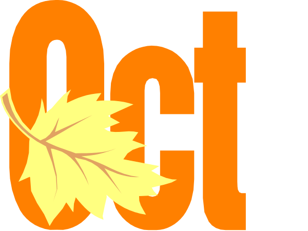 The image shows a graphic with text that reads "OCTOBER" at the top right corner against an orange background; below it is another word in white font reading "FALL," accompanied by two autumn leaves, one on each side of this central word.