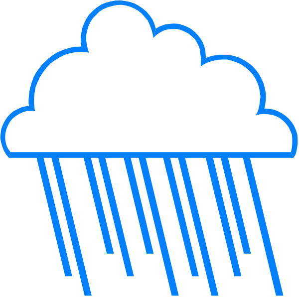 The image shows a stylized depiction of rain falling from dark clouds against an otherwise clear sky background with blue cloud outlines on top right corner.