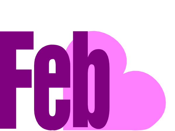 The image shows a purple cloud with white text that reads "FEB 1" on top of it against a gray background. Below this is another line of pinkish-purple text reading "Feb." and below that, in large bold letters, there's an exclamation point followed by the word "Valentine!" The image has a pixelated appearance with simple shapes like clouds and hearts used to represent February 1st. There are no other objects or actions depicted within this small clip-art image. It is focused on celebrating Valentine's Day in February,