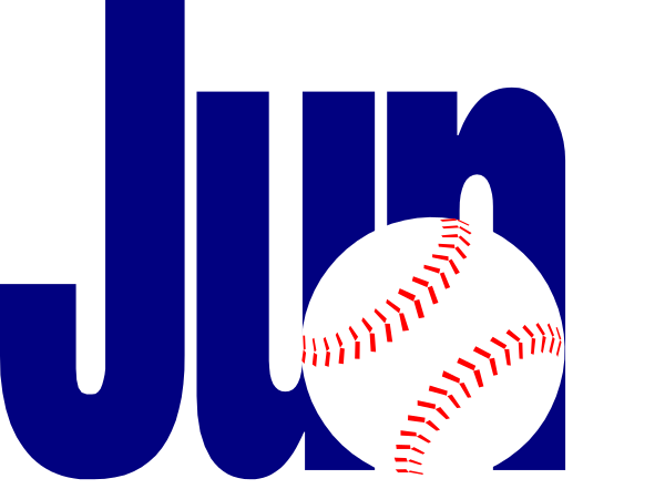 The image shows a graphic with text that reads "JUNE" at top left corner of an oval shape containing baseballs in white against blue background; below it is another word 'BALL' written horizontally across, also within the same colored ovals as above but smaller and less prominent.