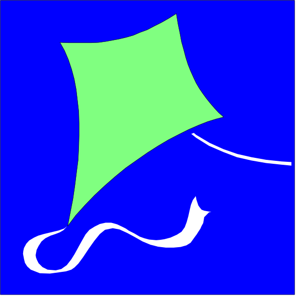 The image shows a blue kite with white outlines flying against an aqua background; there is also a small cat depicted in black outline on top of the kite's tail.