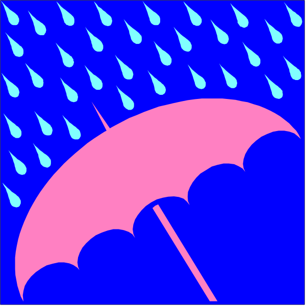 The image shows a pink umbrella with raindrops falling around it against an aqua blue background.