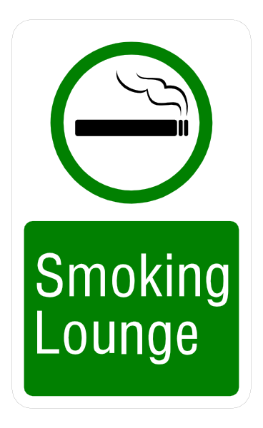 The sign says "smoking lounge" with a green circle around it indicating prohibition of smoking inside.