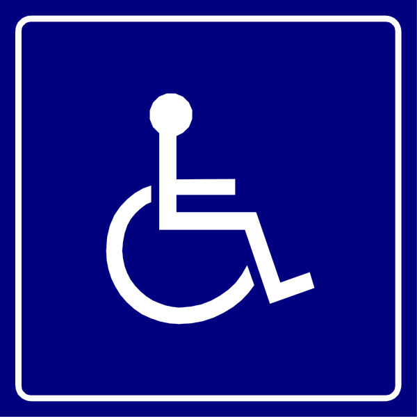 The image shows a blue handicap sign with an icon of a wheelchair on it next to another similar but smaller white symbol that also has a person in a wheelchair inside it.