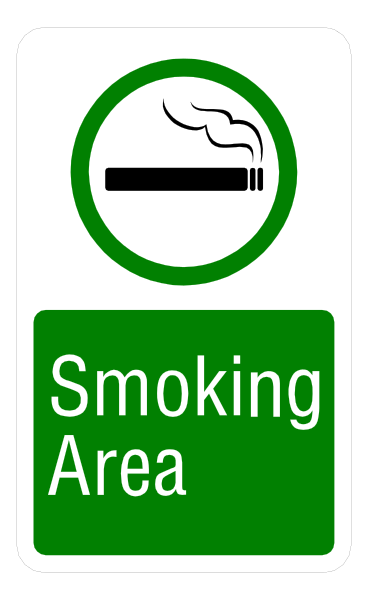 The sign says "smoking area" with a green circle around it indicating prohibition of smoking within that zone.