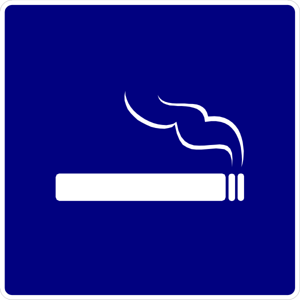 The image shows a blue sign with white text that reads "no smoking" accompanied by an illustration of cigarette smoke rising from what appears to be a lit cigarette on top right corner.