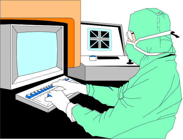 The image shows a person wearing medical scrubs sitting at an open laptop computer with gloves on their hands; there is also a microscope in front of them that appears to be turned off.