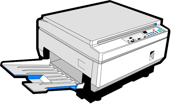 The image shows a printer with paper coming out of it on top of what appears to be an office desk against a dark background.