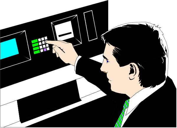 The black and white illustration shows a man standing at an ATM machine with his hand on it as if he is about to insert something into its slot; there's also another person in front of him, seemingly interacting with their own device that has multiple screens displaying various graphs or charts.