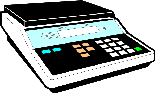 The black and white illustration shows a cash register with buttons on its front panel placed against an indistinct background that appears to be dark in color.
