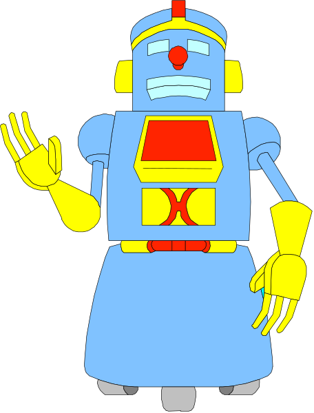 The image shows a cartoon robot with yellow arms standing against a black background.