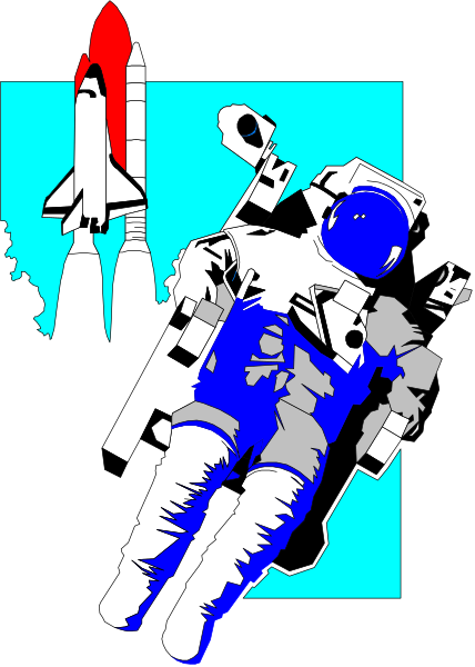 The image features a cartoon astronaut floating above an illustration of a rocket with two stages visible against a blue background; there is no text present in this clip-art piece.