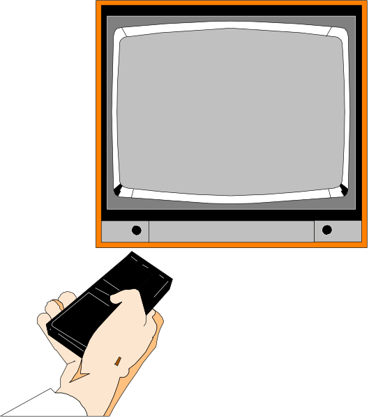The image shows a person's hand holding an old television remote control with buttons pointing at it against a black background; there is no TV in sight.