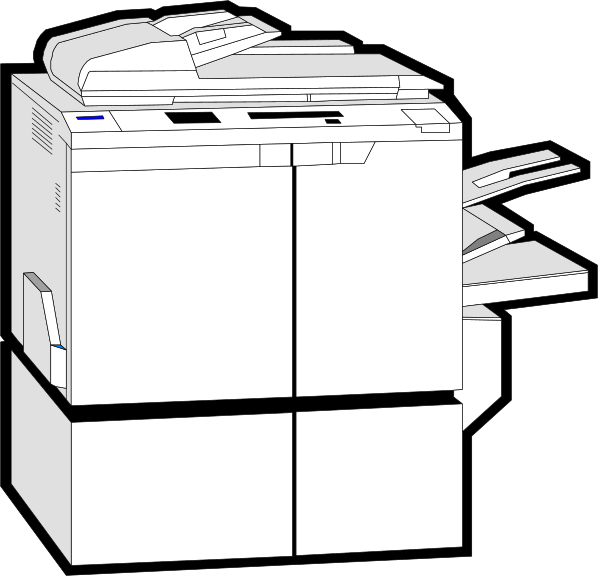 The image shows a black and white illustration of two printers: on top is an inkjet printer with paper coming out from its front; below it appears to be another type of printing device that looks like a laser printer, also showing output at the bottom.