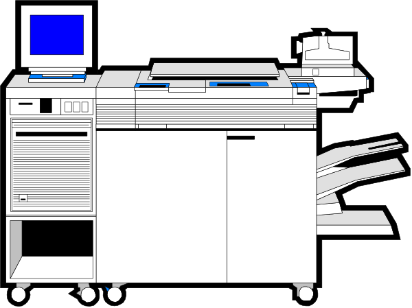 The black and white photo shows a computer printer with paper coming out of it on top of an office desk next to what appears to be another machine that could possibly be related to printing as well.