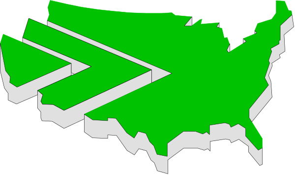 The image shows a stylized map of the United States with green areas highlighted on it against a white background.