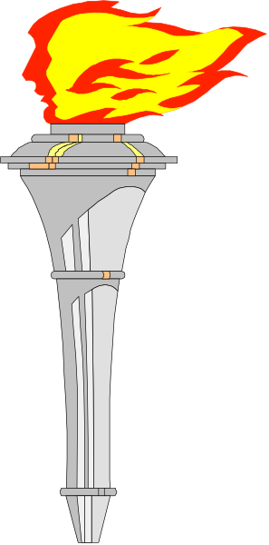 The image shows a torch with flames on top of an Olympic flame pole against a black background.