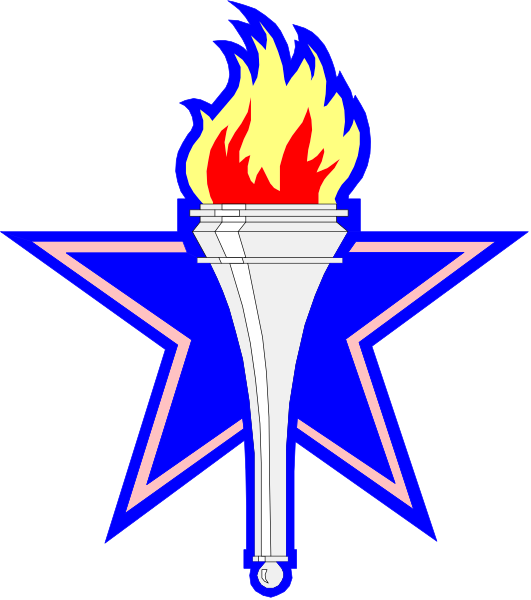 The logo features a torch with flames on top of it inside an Olympic rings symbol against a blue background; below this is a white star in front of which there's a silver trophy-like object resembling a medal, all set within what appears to be a shield or emblem design.