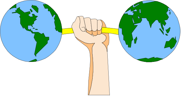 The image shows a hand holding three globes of Earth with different continents visible on each globe while standing behind bars that have "climate change" written across them in bold letters at the top; there is also an illustration of a fist raised above the barred window, symbolizing resistance or activism.