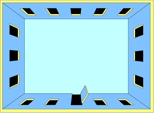 The image shows a simple blue floor plan of an interior space with walls outlined by white lines forming rectangles that represent rooms; there is no furniture depicted within this layout.