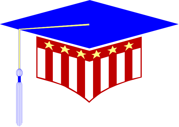 The image shows a graduation cap with an American flag design on it inside what appears to be a diploma frame against a blue background.