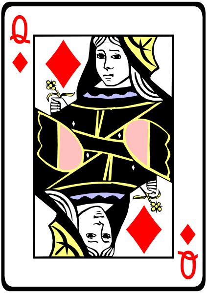 The card features a woman holding playing cards with an ace of spades on top; she is wearing a black dress adorned with pink flowers at her waistline.