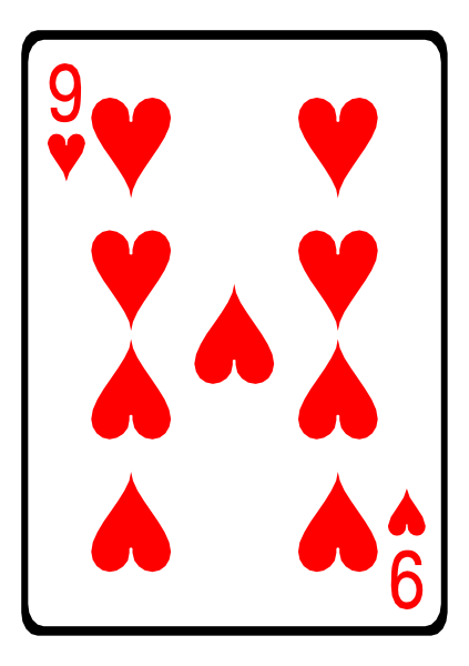 The card shows a royal flush of hearts with six red spades on each side forming an X shape around it.