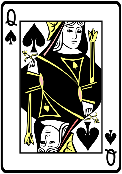 The card features a black queen of hearts with gold accents holding two swords crossed over her body; she is surrounded by playing cards including spades, clubs, diamonds, and hearts in various positions around her.